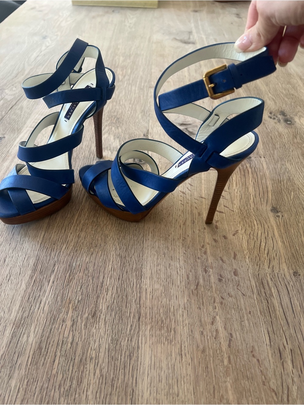 Vintage Ralph Lauren Collection Purple Label Blue Silk Platform Heels 9.5B